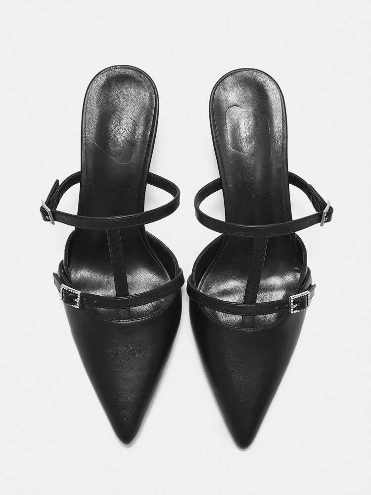 CUCCOO CURVES Elegant Fashion Black Patent Leather Pointed Toe Thin High Heel Rhinestone Buckle Mule Sandals, Suitable For Daily Wear And Festivals Spring Shoes Spring Break Easter