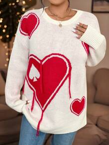 Calvaya Plus Size Valentine's Day Heart Pattern Flocked Sweater, White Background Knit Pullover Fall Winter - Beige - View 4