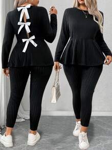 Calvaya Plus Size Women Casual Bow Decor Back 2pcs Loungewear Set Fall Cloth For Women - Black - View 1