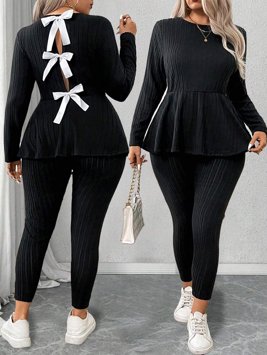 Calvaya Plus Size Women Casual Bow Decor Back 2pcs Loungewear Set Fall Cloth For Women - Black - View 1
