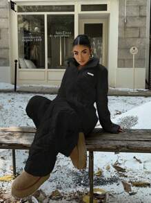 SHEIN EZwear Women's Solid Color Long Sleeve Zip Front Wide Leg Casual Jumpsuit, Autumn/Winter