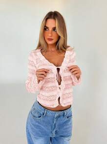 Aloruh 女士时尚前系蝴蝶结透明长袖衬衫 - 淺粉色 - 查看 4