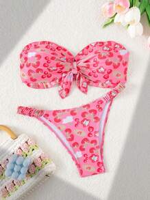 Swim Mod Springbreak Women Random Print Bandeau Tie Front Pleat Edge Cute 2Pcs Bikini Set, Festival Boho For Summer Beach Vacation - Pink - View 6