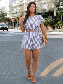 SHEIN LUNE 2pcs Women Casual Blue & White Striped Commuter Outfit Two Pieces Summer Set Summer Set Two Pieces Set Women Summer Boho Old Money Cotton