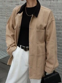 DAZY Chaqueta vaquera suelta de manga larga con bolsillo, hombros caídos y cuello de color contrastante para mujeres