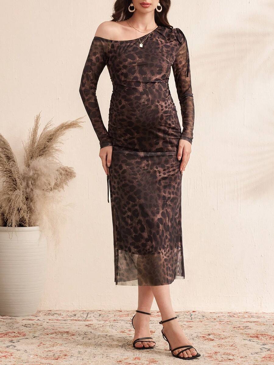 SHEIN Maternity Elegant Mesh Leopard Print Asymmetric Neck High Slit Dress