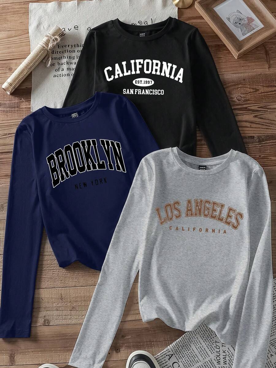 SHEIN EZwear 3 件套女式复古英伦图案圆领修身长袖 T 恤套装,适合秋冬季 - 彩色 - 查看 1