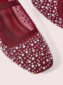 CUCCOO DOLLMOD Fashionable Wine Red Rhinestone Mesh Burgundy Mary Jane Flats, Cute & Sweet For School Students Valentine's Day