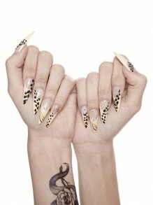 ROMWE Grunge Punk 10pcs Halloween Punk Style Leopard Print Press-On Nails + 3pcs 2-Sided Adhesive Tape, Y2K Gothic Leopard Nail Sticker, Removable And Reusable Handpainted Nail Art Decals, Suitable For Festivals, Parties, Dancing And Daily Wear - Multicolor - View 2