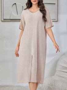 Front-Slit V-Neck Loose Short Sleeve Solid Color Women's Lounge Dress - Khaki - View 5
