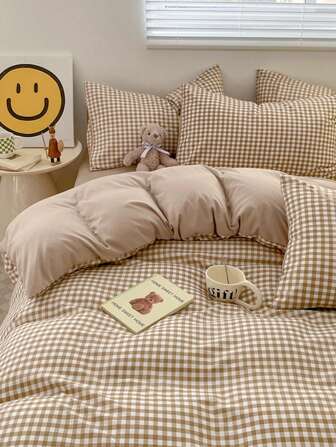 3 件套 100% 涤纶极简格子羽绒被套套装（2 个枕套 + 1 个羽绒被套），北欧风格（无床单）