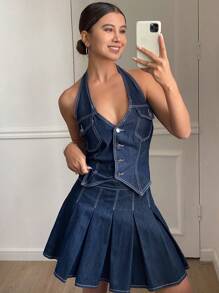 DAZY Western Cowgirl Casual Summer Set Contrast Stitching Halter Crop Top & Pleated Mini Skirt Denim Suit For Women - Blue - View 1