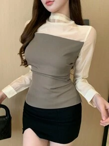 DAZY 夏季新款复古撞色女式衬衫透明长袖上衣 - 灰色 - 查看 3
