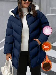 SHEIN LUNE Plus Size Solid Color Fashionable Drawstring New Year Hooded Fuzzy Thicken Quilted Puffer Jacket Mid-Length Padded Padded Coat Clothes Winter For Women