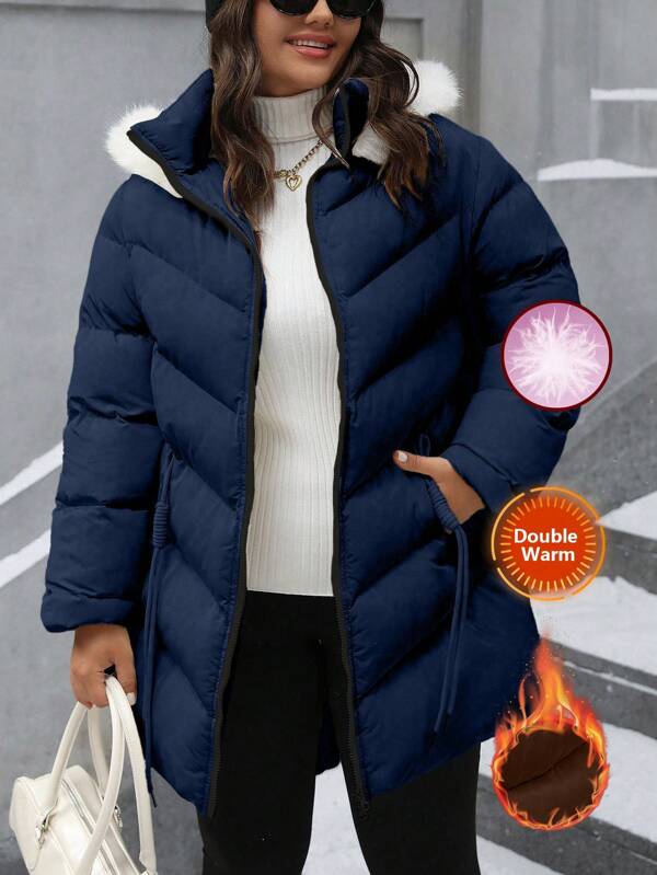 SHEIN LUNE Plus Size Cor Sólida Moda Cordão Ano Novo Com Capuz Fuzzy Engrossar Acolchoado Jaqueta Puffer Comprimento Médio Acolchoado Casaco Acolchoado Roupas Inverno Para Mulheres