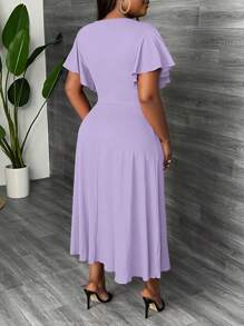 Slaydiva Plus Size Elegant & Party & Daily Wear A-Line Flared Dress, Cross V Neck, Ruched, Ruffle Sleeve, Midi Length, Women, Spring Summer - Mauve Purple - View 2