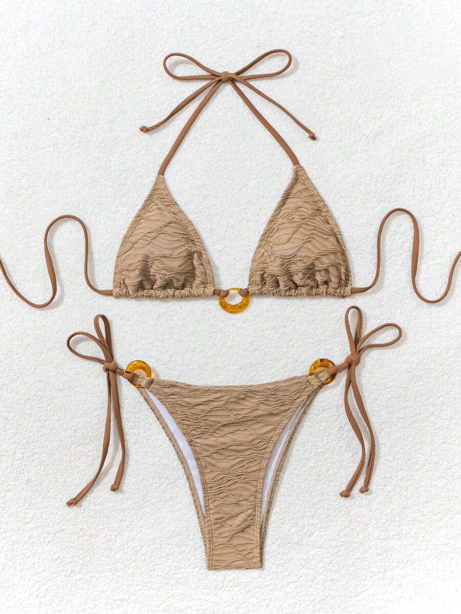 SHEIN Swim Summer Textured Solid Color Amber Circular Ring Halter Backless Spaghetti Strap Bikini Set - Khaki - View 1
