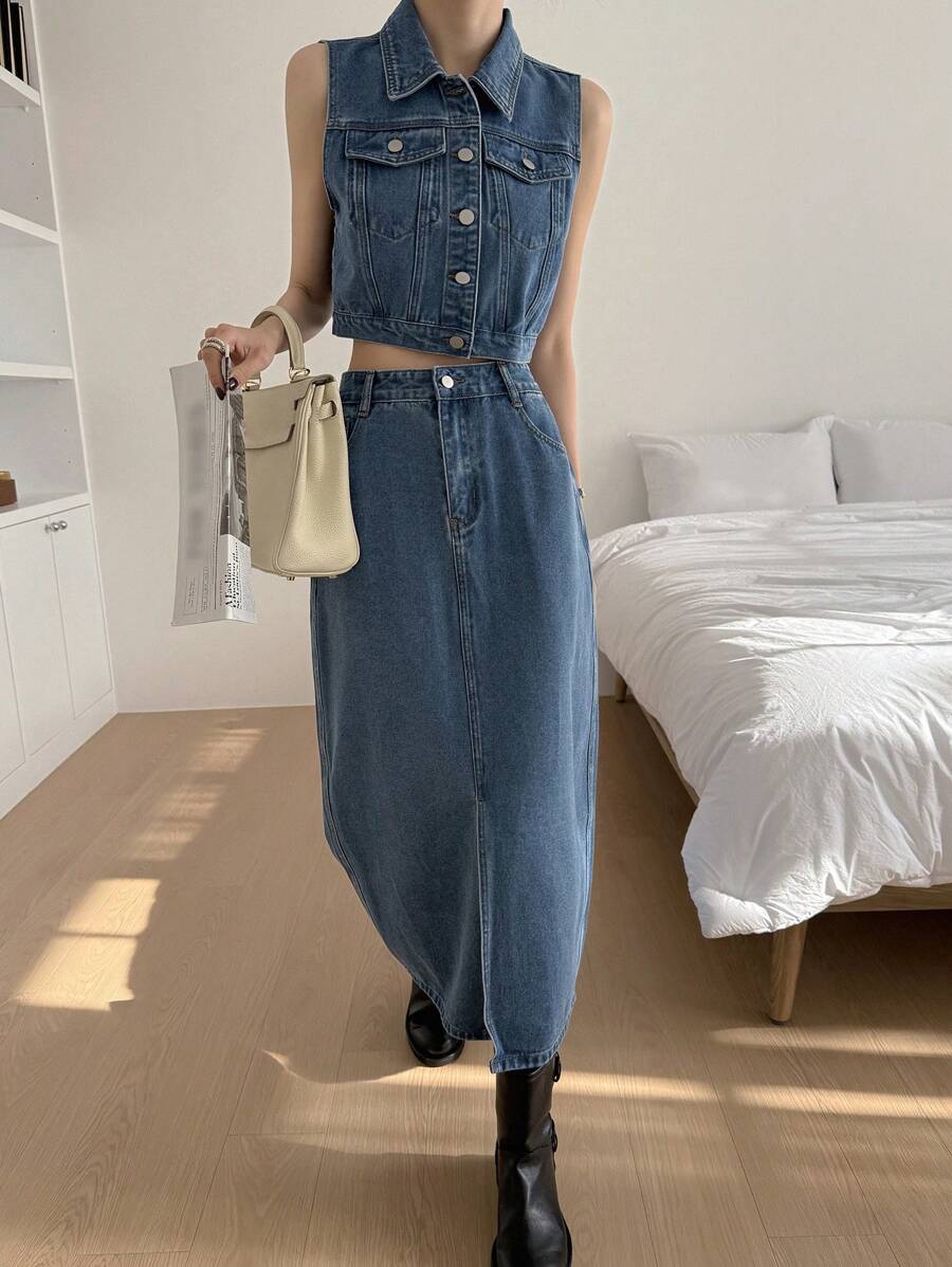 DAZY Women's Denim 2 Pieces Set: Sleeveless Top & Skirt - Blue - View 1