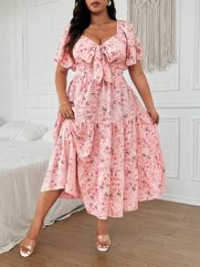 Flirla Plus Size Boho Sweetheart Neck Pink Cute & Elegant Romantic Vacation Versatile Ruffle Tie Bow Flared Dress With Flounce Sleeves, Spring/Summer - Multicolor - View 4