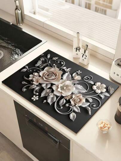 SHEIN 1 Stück 3D Blumenmuster saugfähige schnell trocknende rutschfeste Silikonmatte wasserdicht für Küchentheke zum Trocknen von Geschirr, Tassen, Kaffeemaschine, Utensilien, gemütliche Heimdekoration für Frühling und Sommer, Küchenessentials, Geschenk zum Einzug
