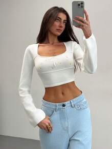 Aloruh Square Neck Long Sleeve Embroidered Beige Crop Flare Sleeve Women Sweater