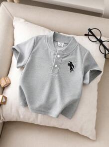 SHEIN Playful Pals Ropa para bebés niños - Camisa polo de manga corta casual para hombres con patrón de caballo bordado, textura con cuentas, adecuada para actividades al aire libre y en interiores en primavera y verano