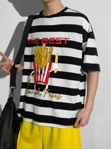 SHEIN 2 Pieces Set Teen Boys Casual Short Sleeve T-Shirt And Shorts Suit, Streetwear Punk Rock School Uniform Style Outfit Suitable For Spring/Summer Occasions, Party, Music Festival Wear, Black/White Striped Top And Yellow Shorts With Fun Fries Graphic - Multicolor - View 5