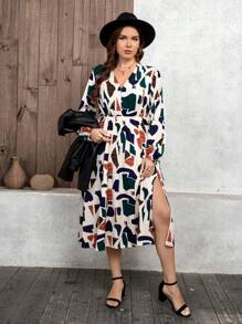 SHEIN LUNE Plus Size Women's Geometric Print Long Sleeve V Neck Side Slit Hem Dress, Perfect For Fall And Elegant Dresses, Perfect For Women Bohemian/Boho Style, Resort Wear, Holiday Dresses, Outdoor Daily Wear Essential Sundress