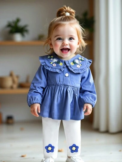 幼儿 2 件套女婴可爱花卉刺绣荷叶边领衬衫和 3D 花卉装饰白色紧身裤，适合春季、秋季、户外玩耍或日常穿着