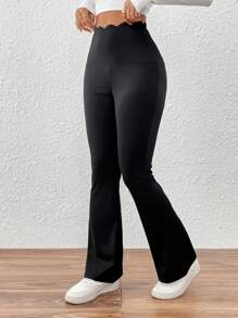 SHEIN Essnce Pantalones de mujer informales pantalón con pierna de campana, unicolor de cintura ancha, pantalones negros, jeans acampanados