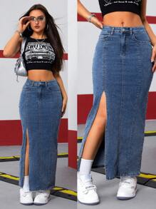 SHEIN ICON Women Long Casual Denim Skirt With Pockets & Side Slit Hem