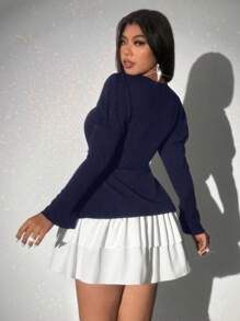 Viva Relle 大码女式荷叶边拼色连衣裙 - 藏蓝色 - 查看 6