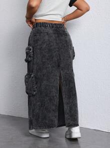 SHEIN Essnce 大码宽松休闲牛仔迷你裙，黑色 - 黑色 - 查看 3