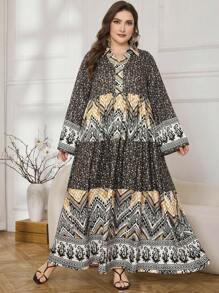 Lacomfia Vestido elegante entallado en la cintura con estampado, talla grande, discreto - Multicolor - Ver 3