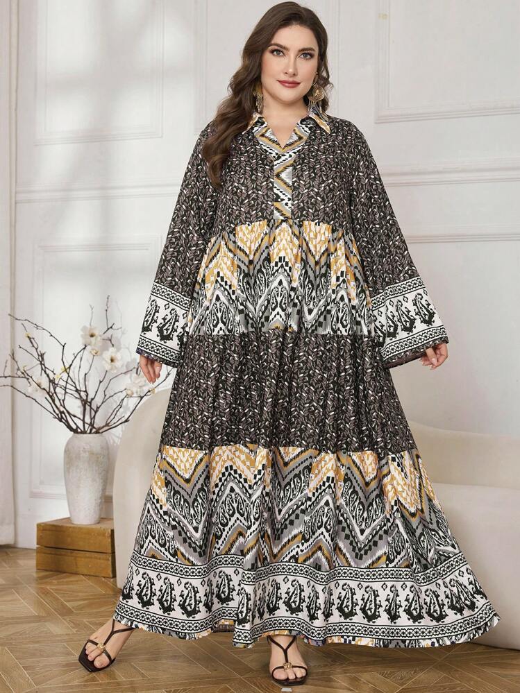 Lacomfia Vestido elegante entallado en la cintura con estampado, talla grande, discreto - Multicolor - Añade 3