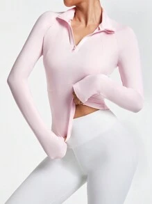 Easithlete Women Solid Color Front Zipper Long Sleeve Casual Sports Sweatshirt - Pink - View 3