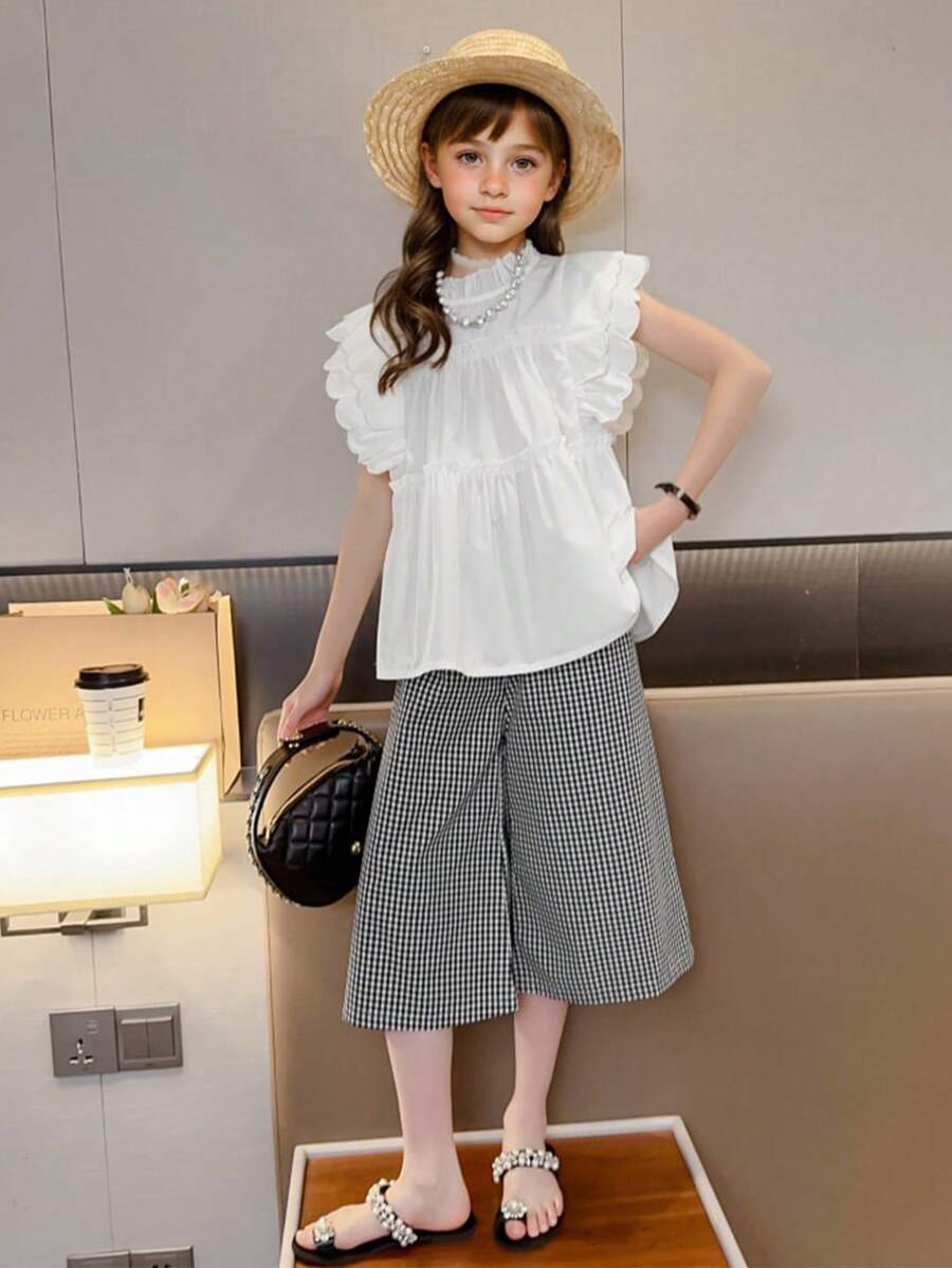 SHEIN 2pcs/Set Tween Girl' New Cap Sleeve Shirt And Plaid Pants Set, - Multicolor - View 1