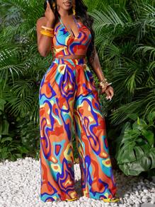Slaydiva Holiday Elegant Sexy Sleeveless Marble Pattern Hollow Waist Wide Leg Jumpsuit - Multicolor - View 3