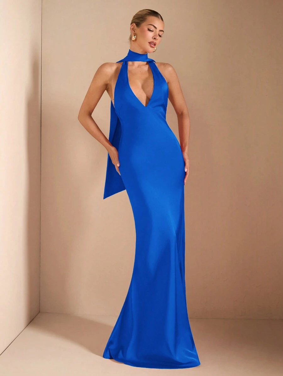 SHEIN BAE 秋冬纯红色露背系带鱼尾紧身连衣裙，性感优雅 V 领，适合鸡尾酒会、浪漫约会、打底衫、派对、婚礼伴娘、夜间外出、万圣节、圣诞节 - 寶藍色 - 查看 1