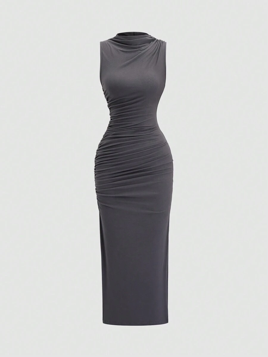 SHEIN Unity Dark Gray Sleeveless Pleated Waist Dress - Dark Grey - View 1