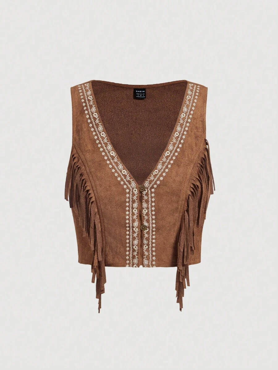 SHEIN MOD Women's Embroidered Fringed Brown Vest Top,Going Out Tops Women,New Years Top,Chaleco,Western Wear Women,Fringe Vest,Vacation Outfits Woman,Crop Tops,Cute Tops,Summer Tops - Coffee Brown - View 1
