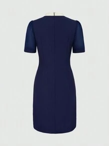 EMERY ROSE Women V-Neck Contrast Button Embellished Short Sleeve Top - Navy Blue - View 2