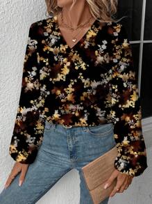 EMERY ROSE Casual Minimalist Women's V-Neck Leaf Pattern Asymmetrical Hem Long Sleeve Shirt, Suitable For Autumn & Winter