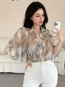 DAZY Spring New Arrival Plant Print Ladies Shirt, Casual For Valentine's Day Sheer Floral - Yellow - View 4
