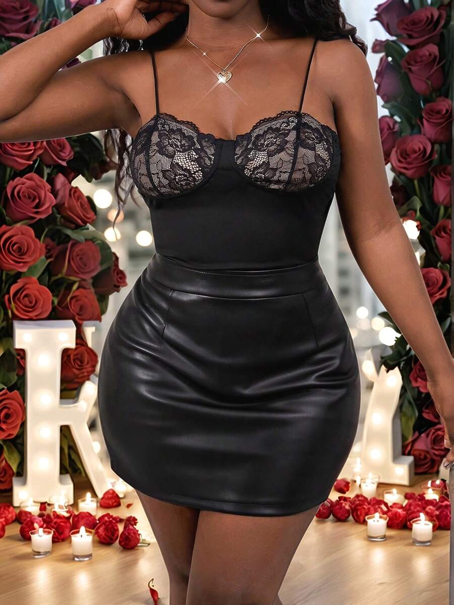 Slaydiva Black Lace Patchwork Lingerie Set, Sexy One-Piece, For Valentine's Day - Black - View 1
