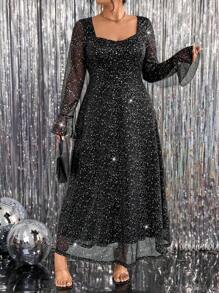 SHEIN Unity Plus Size Women's Elegant Black & Silver Flare Sleeve Metallic Fabric Fitted Long Evening Gown Dress For Party