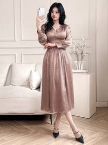 DAZY 纯色 V 领泡泡袖侧开衩中长优雅连衣裙，适合女士舞会礼服、正式女士礼服、秋季长袖连衣裙