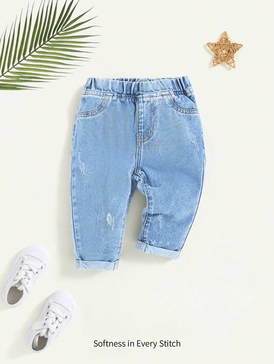 Cozy Pixies 男婴春夏休闲水洗宽松贴袋柔软牛仔裤,夏季休闲款 - 淺色水洗藍 - 查看 1