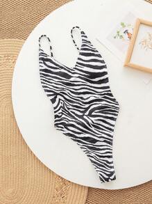 Swim SXY Women's Fashion Sexy Zebra Patterned Animal Print Backless High Cut Hollow Out One Piece Swimsuit For Spring Break & Festival Boho, For Summer Beach Vacation - Black and White - View 7
