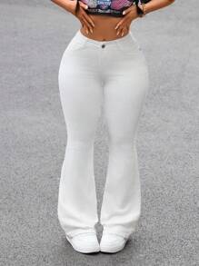 SHEIN PETITE Women's Casual Solid Color Slim Fit Flare Jeans ,Petite Women - White - View 2
